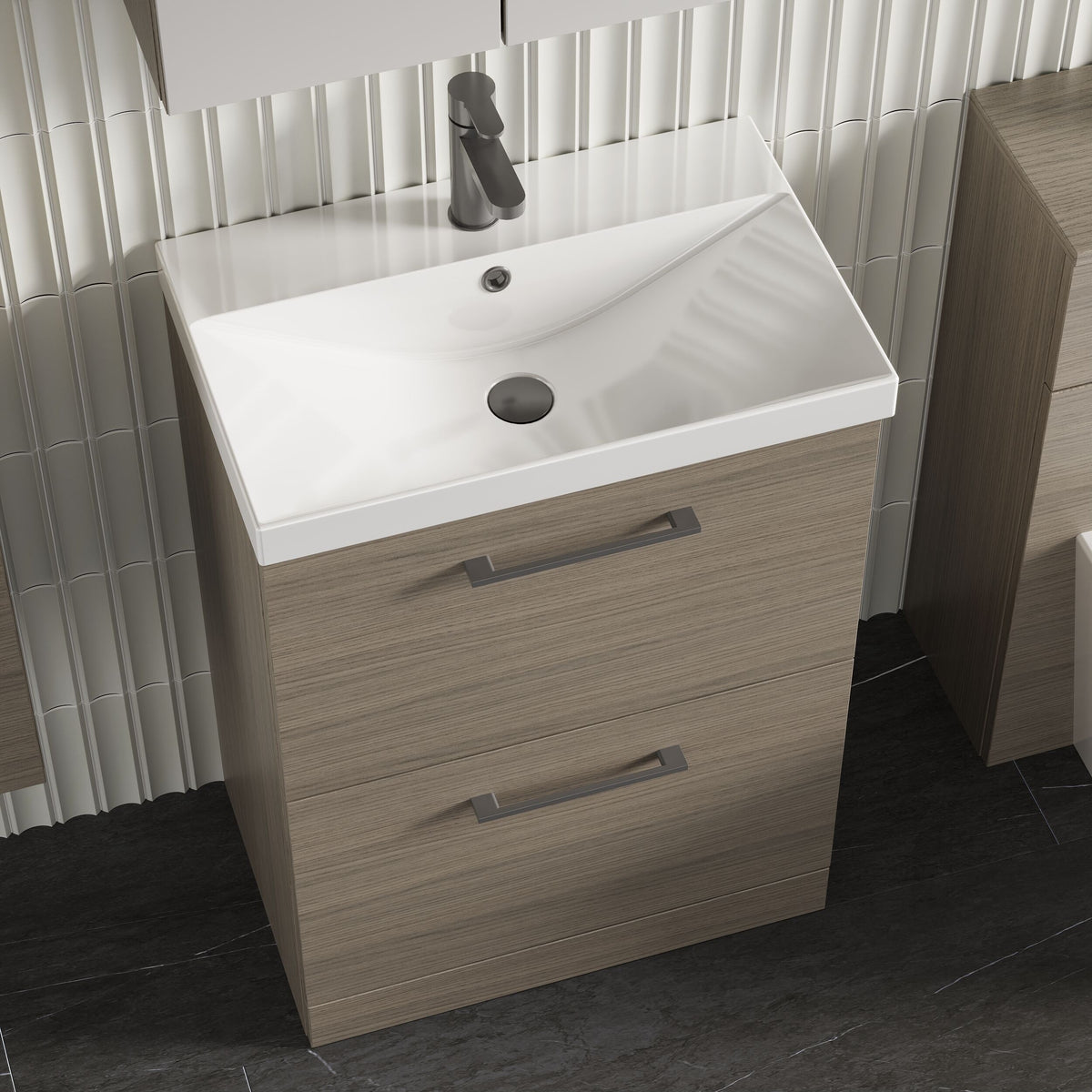 Modern Splash 600mm Solace Oak 2 Drawer Floor Standing Vanity Unit With Thin Edge Basin