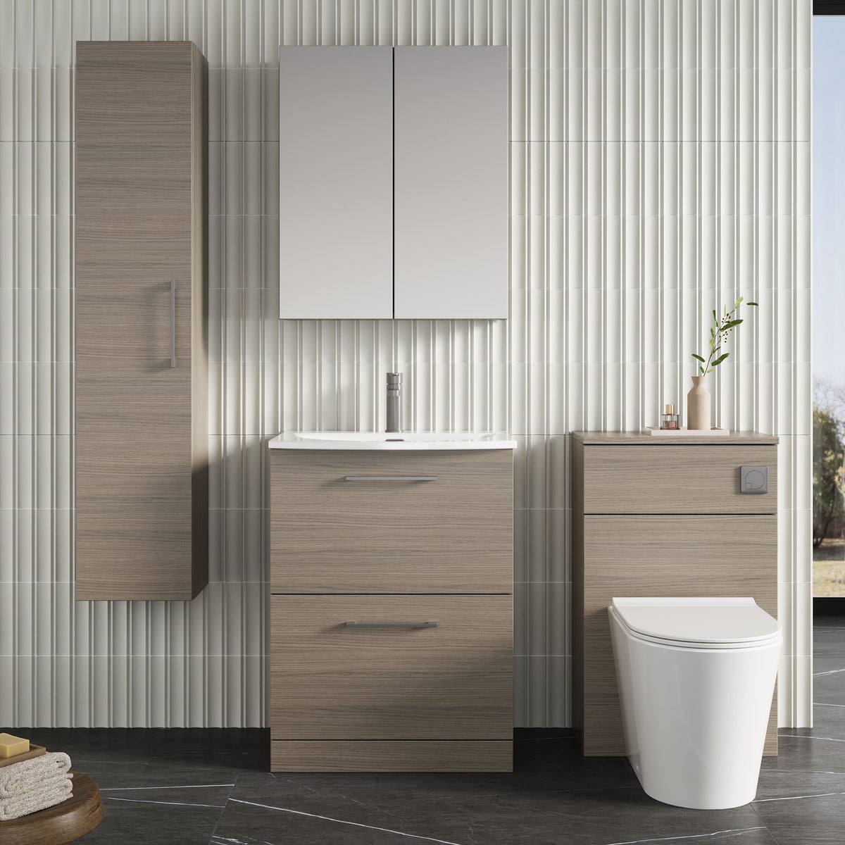 Modern Splash 600mm Solace Oak 2 Drawer Floor Standing Vanity Unit With Curved Basin