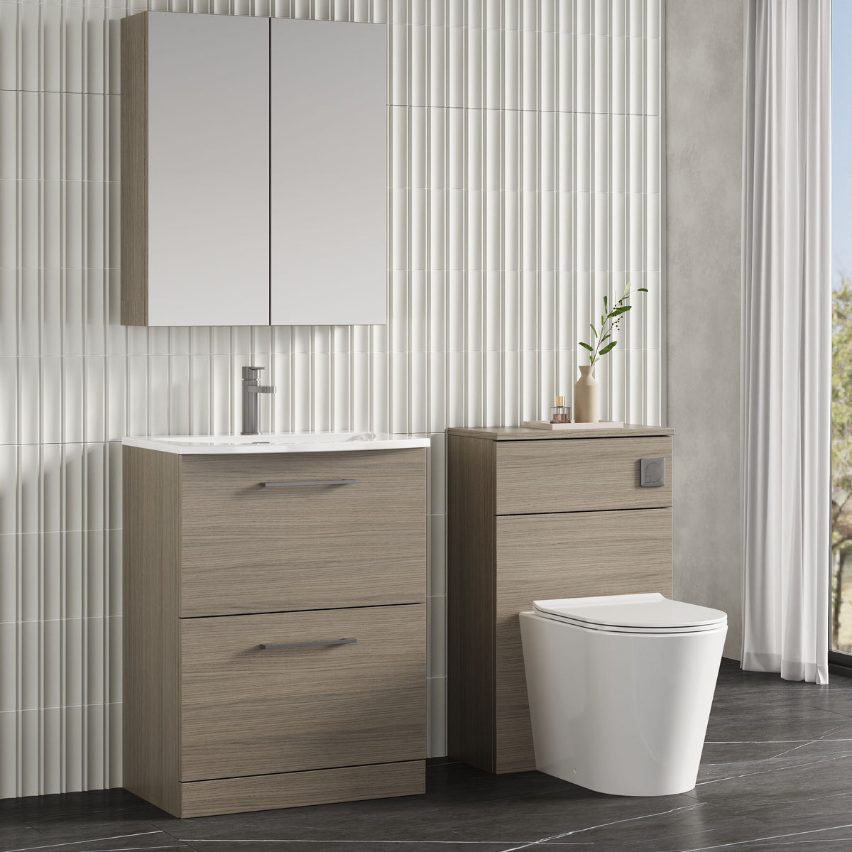 Modern Splash 600mm Solace Oak 2 Drawer Floor Standing Vanity Unit With Curved Basin