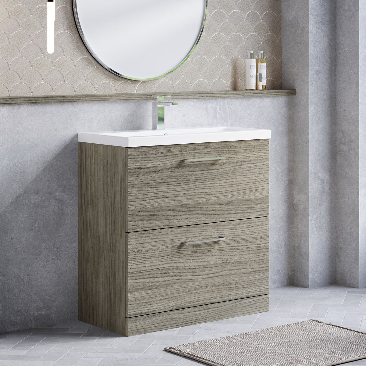 Modern Splash 800mm Solace Oak 2 Drawer Floor Standing Vanity Unit With Mid-Edge Basin