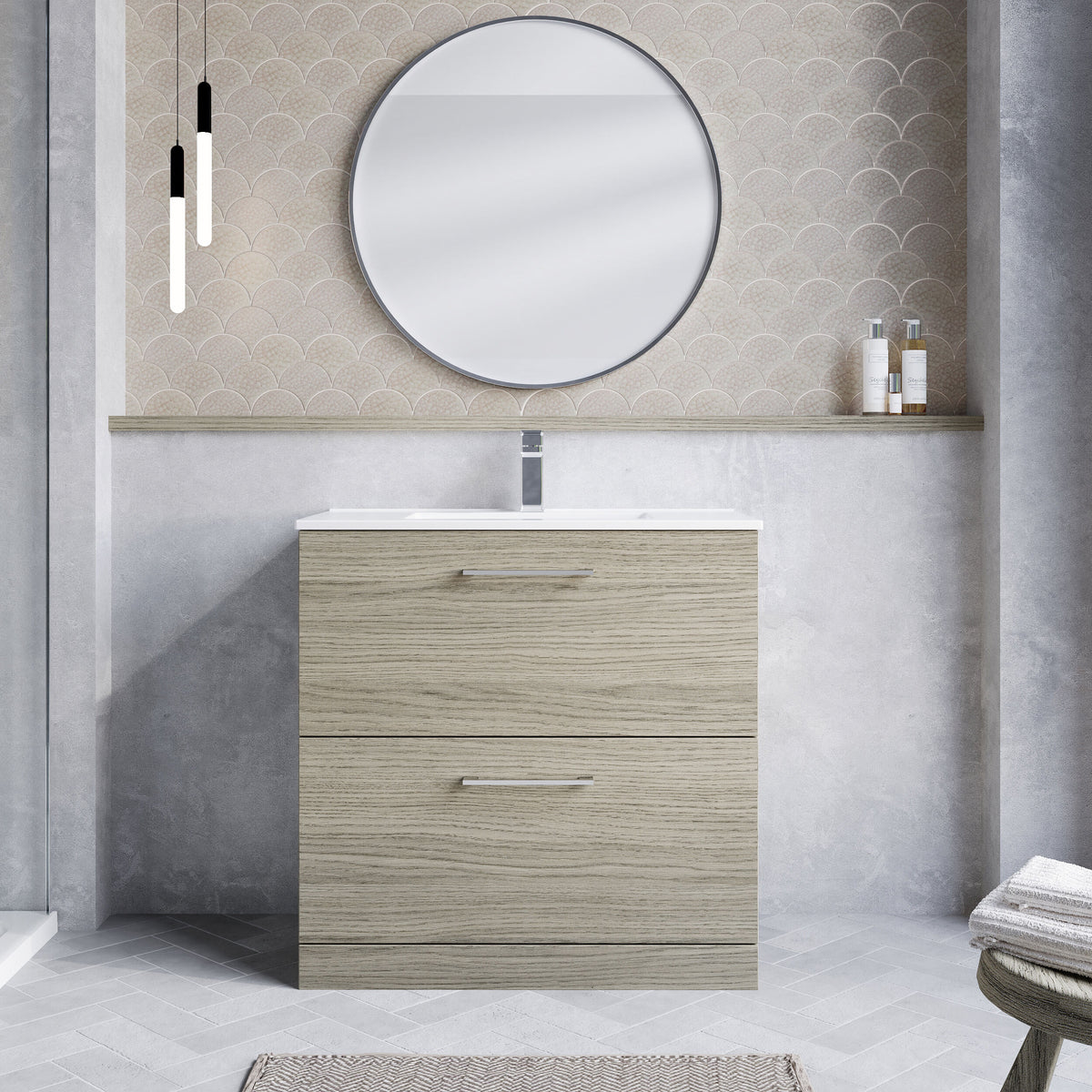 Modern Splash 800mm Solace Oak 2 Drawer Floor Standing Vanity Unit With Minimalist Basin