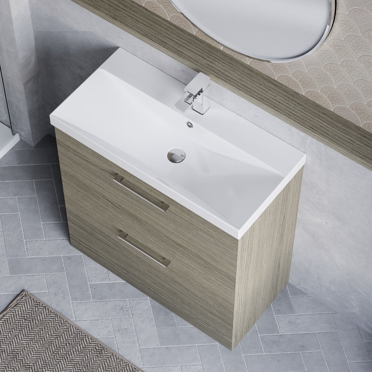 Modern Splash 800mm Solace Oak 2 Drawer Floor Standing Vanity Unit With Thin Edge Basin