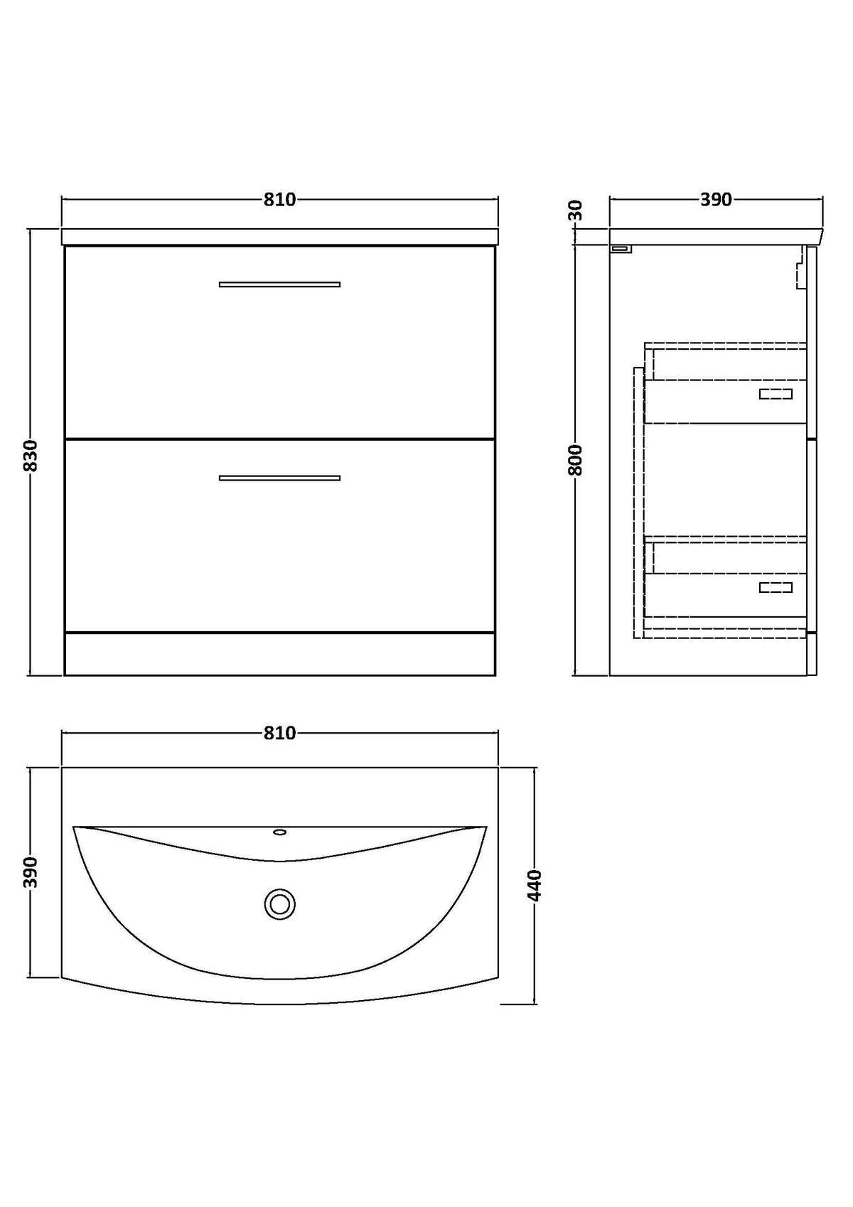 Modern Splash 800mm Solace Oak 2 Drawer Floor Standing Vanity Unit With Curved Basin