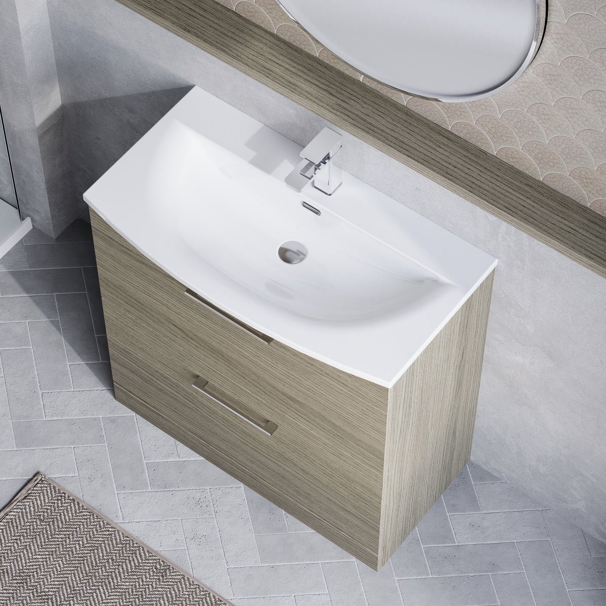 Modern Splash 800mm Solace Oak 2 Drawer Floor Standing Vanity Unit With Curved Basin
