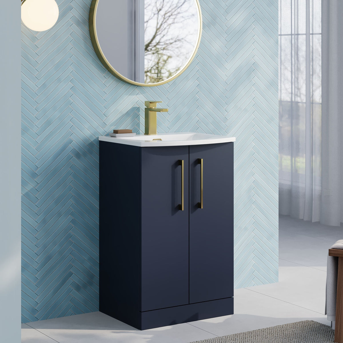 Modern Splash 500mm Midnight Blue 2 Door Floor Standing Vanity Unit With Curved Basin