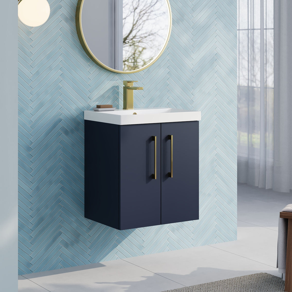 Modern Splash 500mm Midnight Blue 2 Door Wall Hung Vanity Unit With Thin Edge Basin