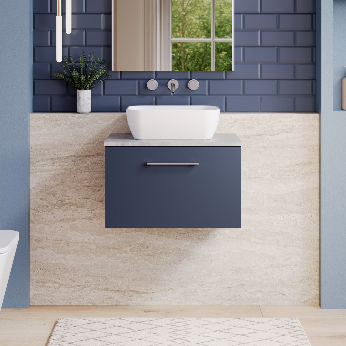 Modern Splash 600mm Midnight Blue 1 Drawer Wall Hung Vanity Unit With Bellato Grey Worktop