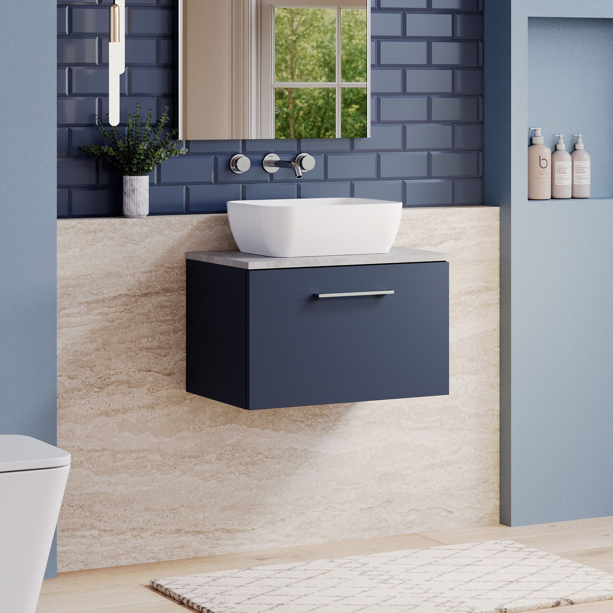 Modern Splash 600mm Midnight Blue 1 Drawer Wall Hung Vanity Unit With Bellato Grey Worktop
