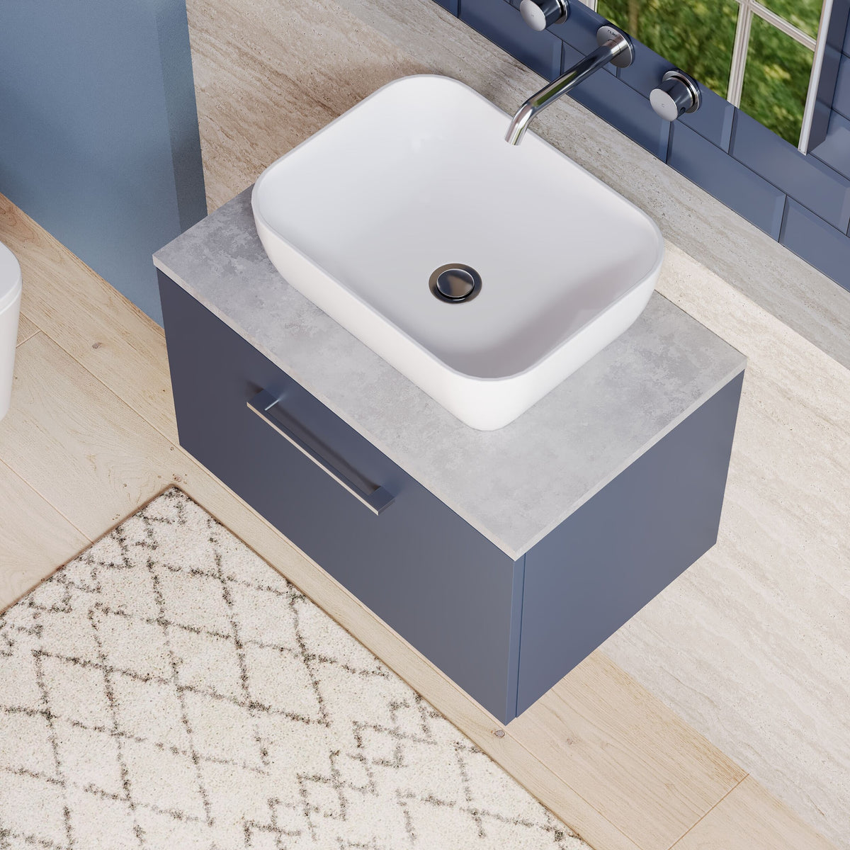 Modern Splash 600mm Midnight Blue 1 Drawer Wall Hung Vanity Unit With Bellato Grey Worktop