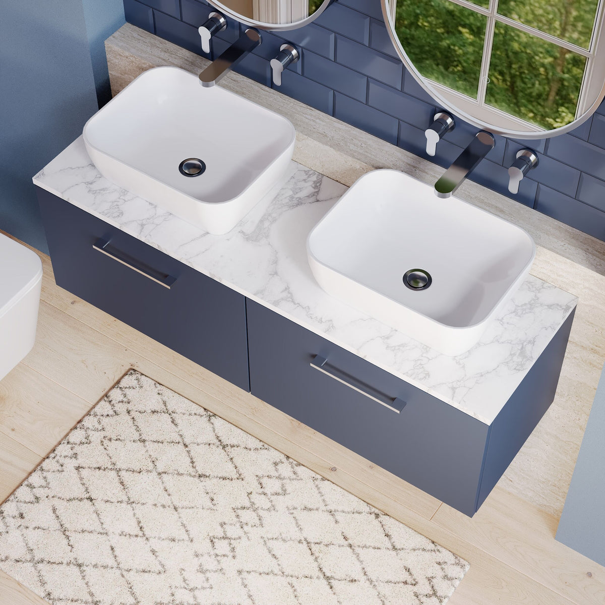 Modern Splash 1200mm Midnight Blue 2 Drawer Wall Hung Vanity With Carrara Laminate Worktop