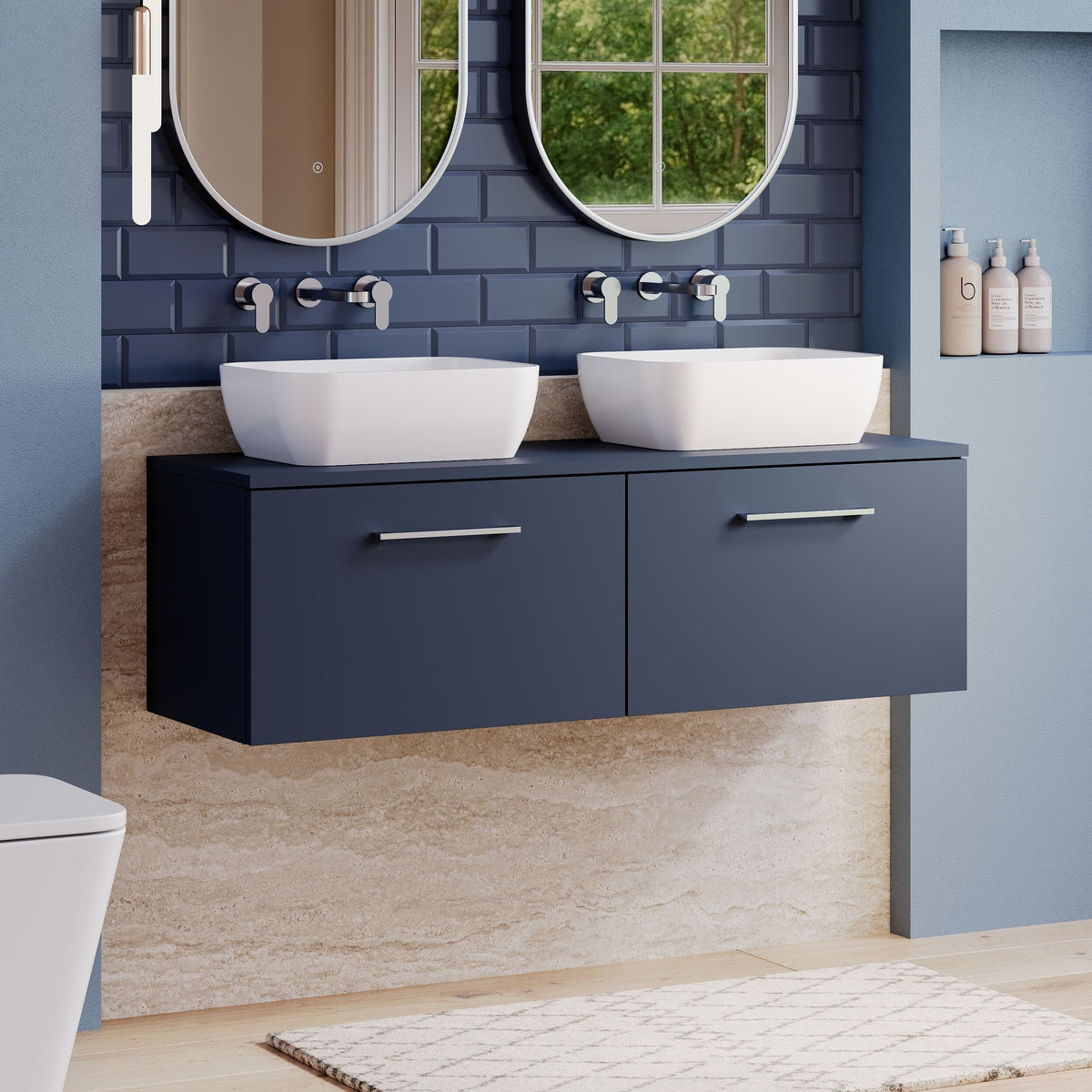 Modern Splash 1200mm Midnight Blue 2 Drawer Wall Hung Vanity Unit With Co-ordinating Worktop