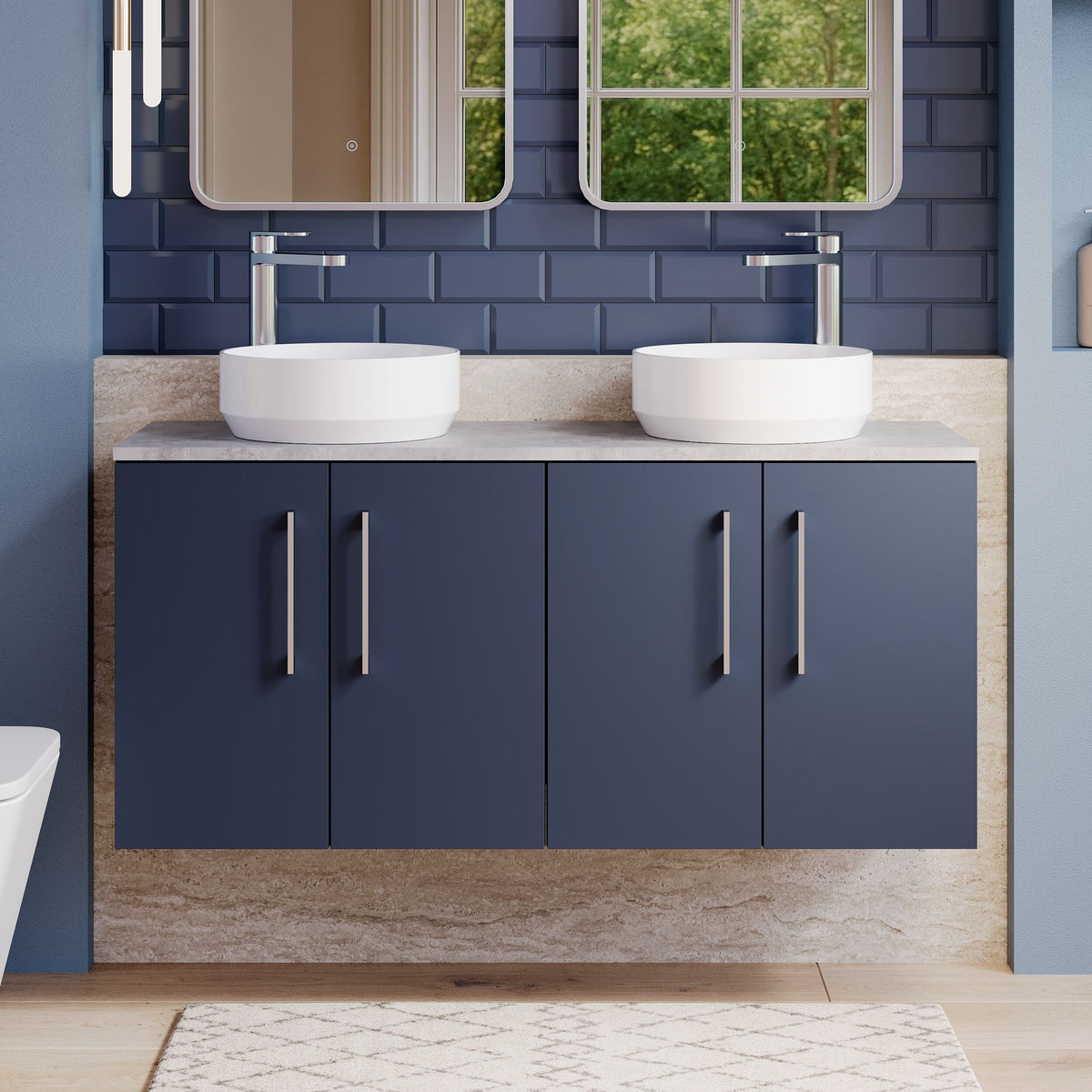 Modern Splash 1200mm Midnight Blue 4 Door Wall Hung Vanity Unit With Bellato Grey Worktop