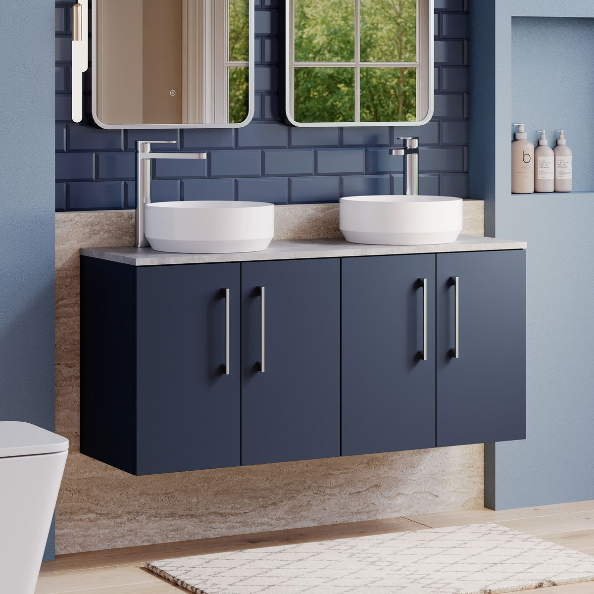 Modern Splash 1200mm Midnight Blue 4 Door Wall Hung Vanity Unit With Bellato Grey Worktop