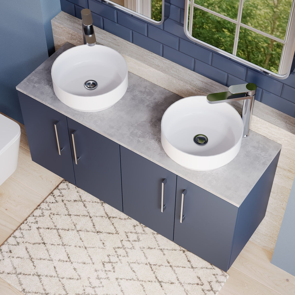 Modern Splash 1200mm Midnight Blue 4 Door Wall Hung Vanity Unit With Bellato Grey Worktop