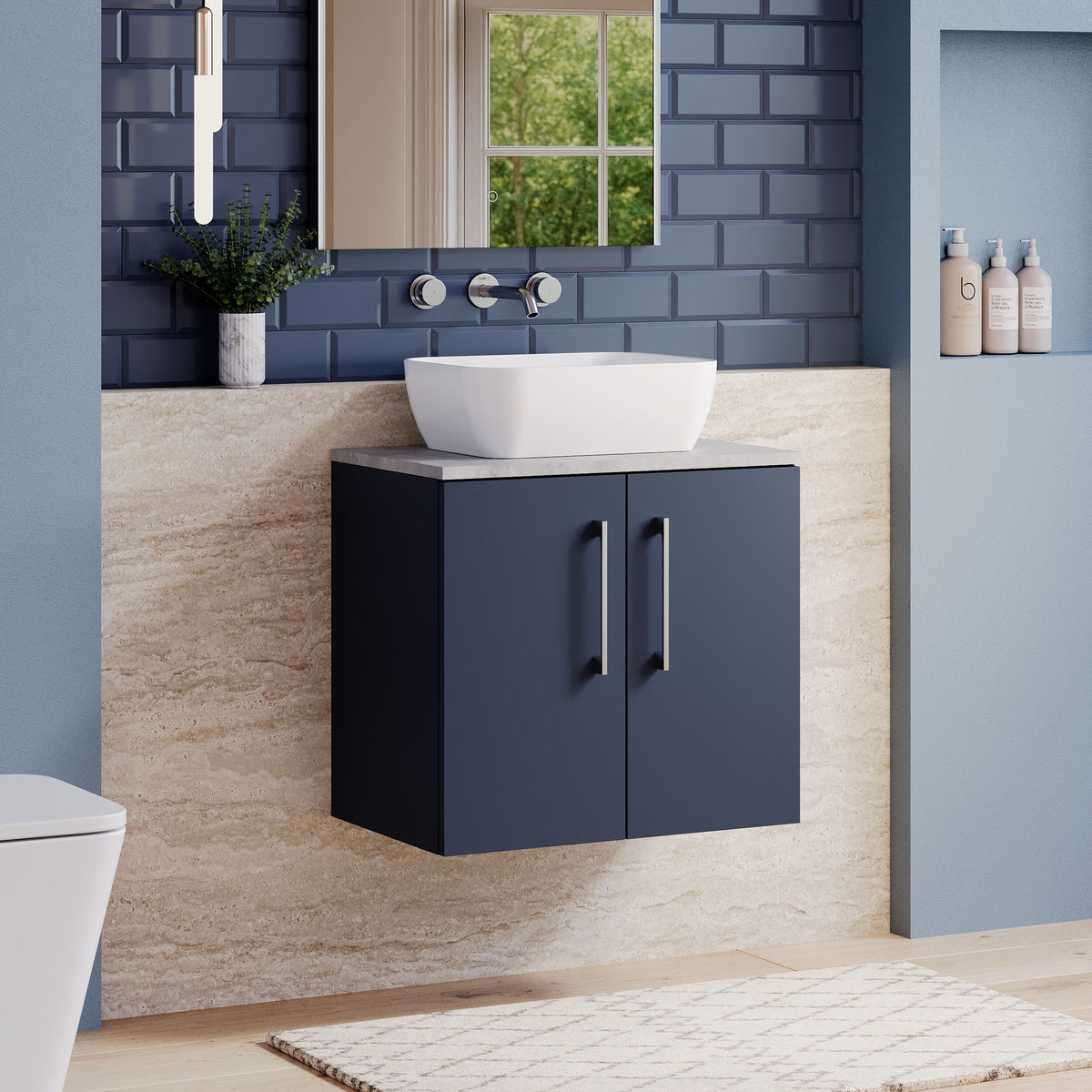 Modern Splash 600mm Midnight Blue  2 Door Wall Hung Vanity Unit With Bellato Grey Worktop