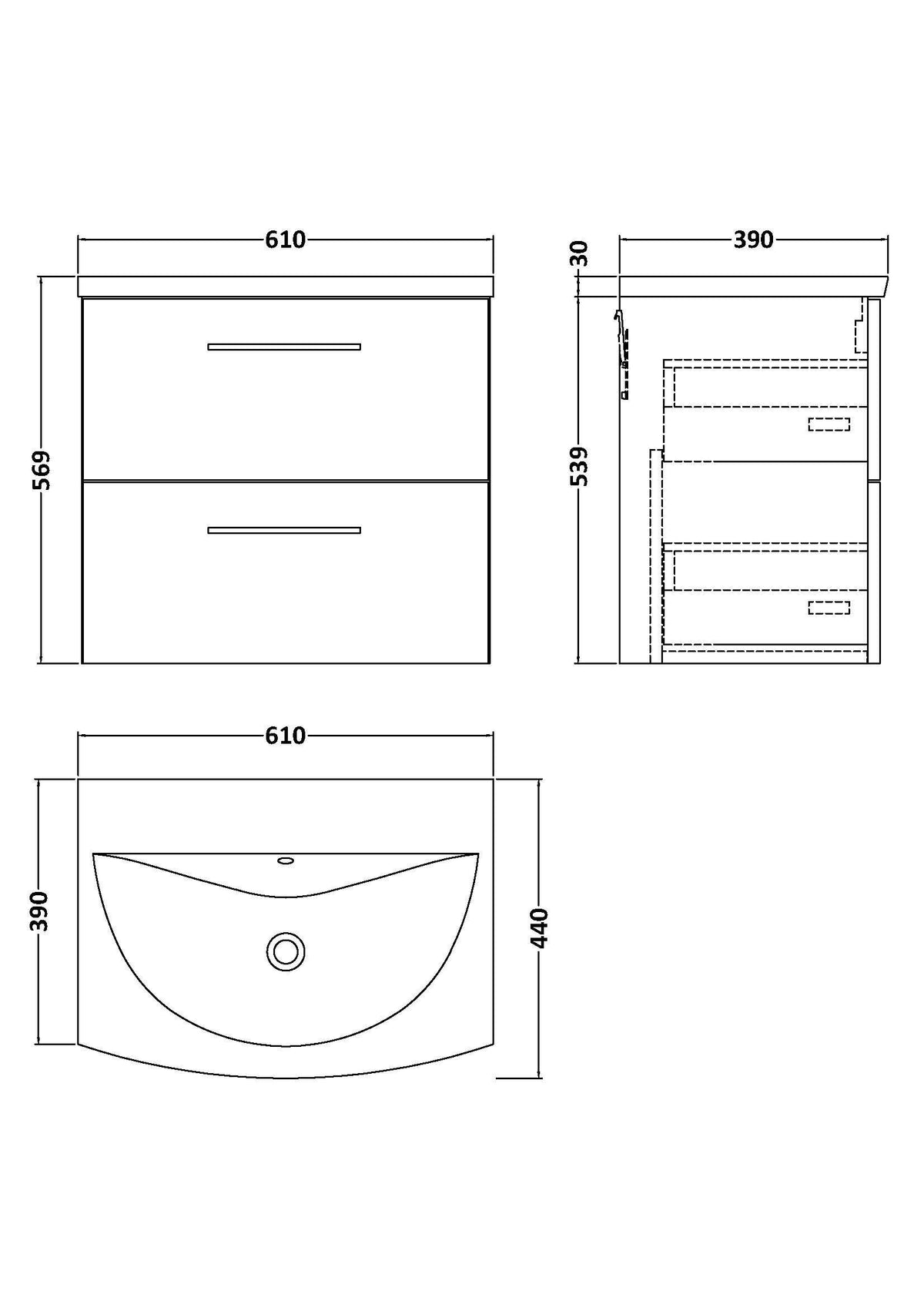 Modern Splash 600mm Midnight Blue 2 Drawer Wall Hung Vanity Unit With Curved Basin