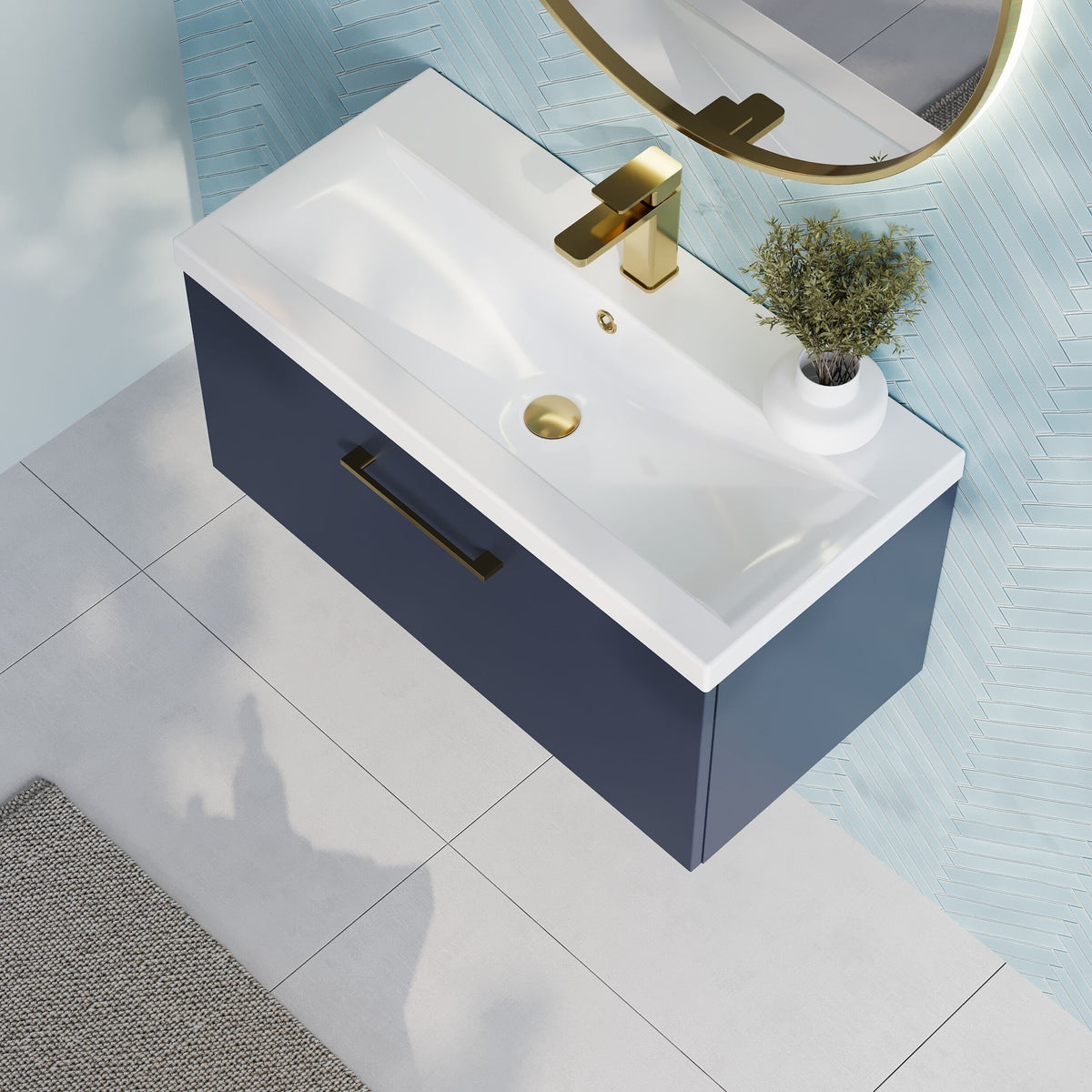 Modern Splash 800mm Midnight Blue 1 Drawer Wall Hung Vanity Unit With Mid-Edge Basin