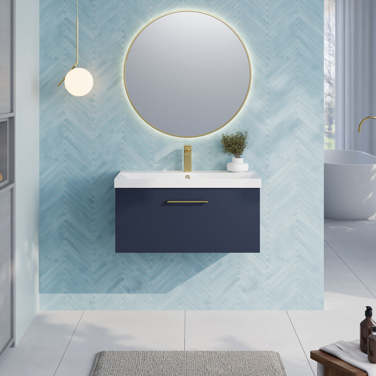 Modern Splash 800mm Midnight Blue 1 Drawer Wall Hung Vanity Unit With Thin Edge Basin