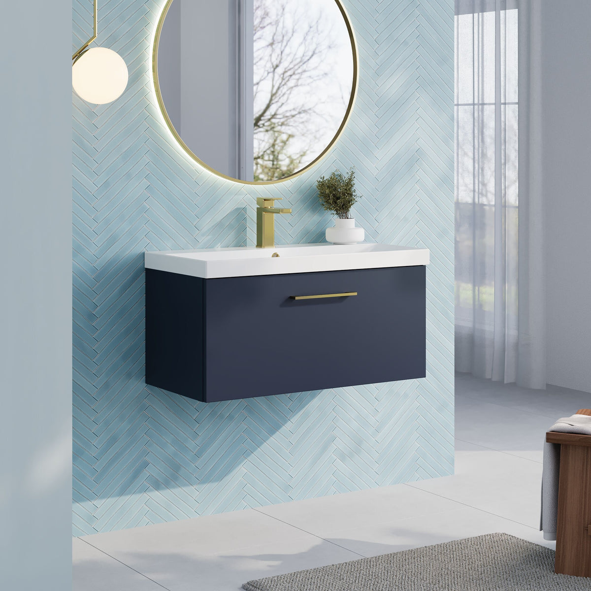 Modern Splash 800mm Midnight Blue 1 Drawer Wall Hung Vanity Unit With Thin Edge Basin