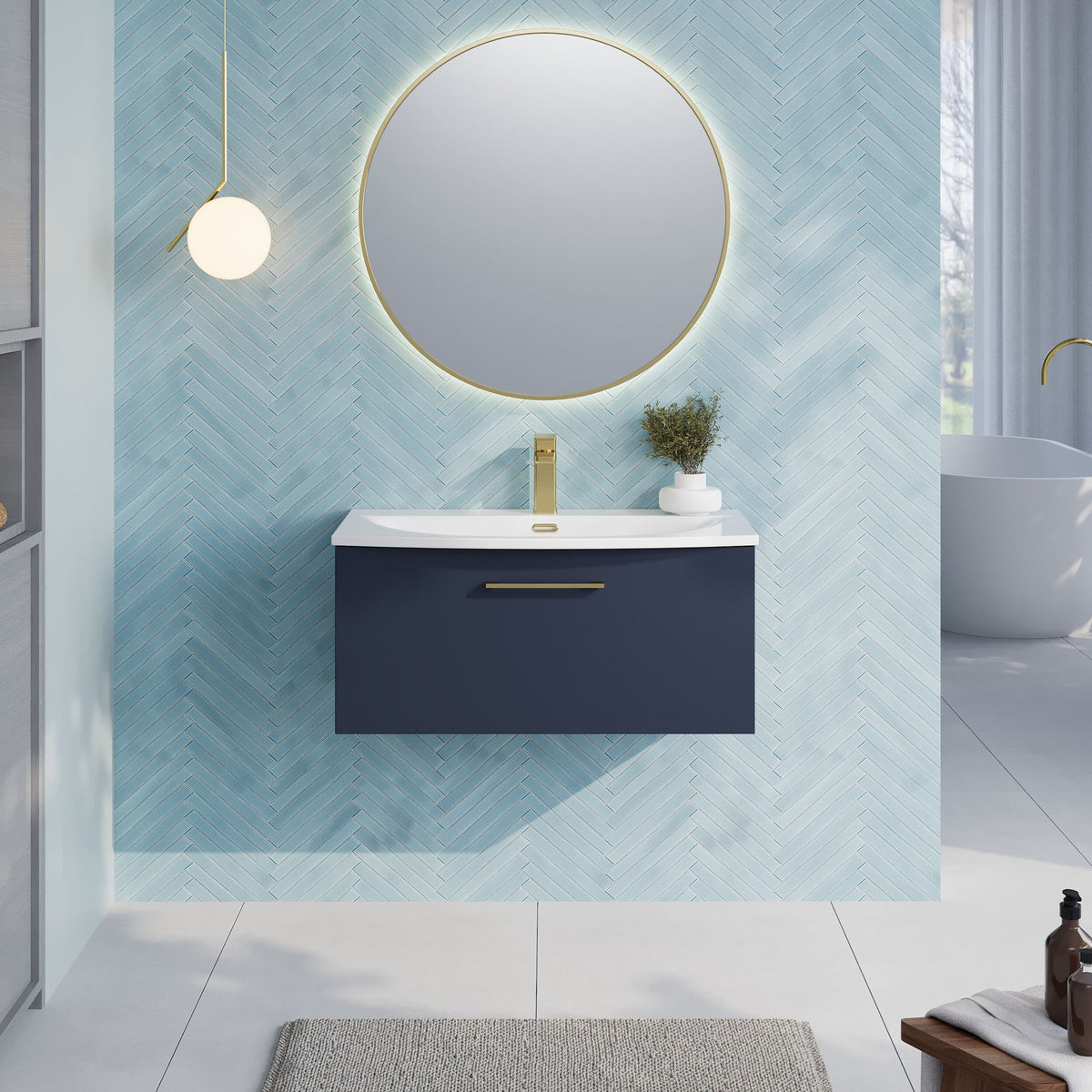 Modern Splash 800mm Midnight Blue 1 Drawer Wall Hung Vanity Unit With Curved Basin