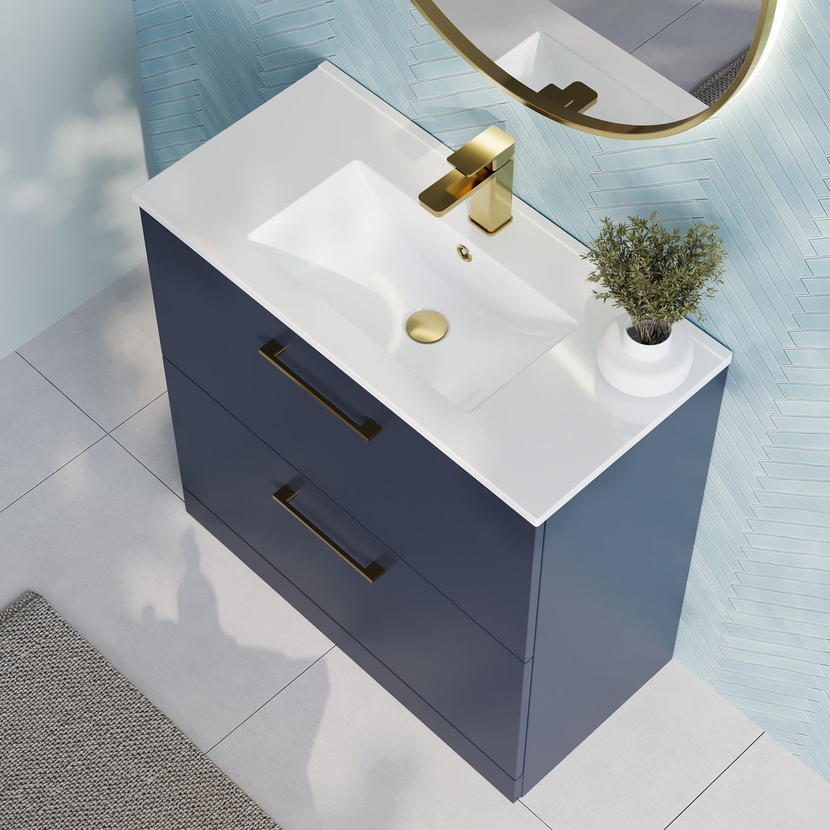 Modern Splash 800mm Midnight Blue 2 Drawer Floor Standing Vanity Unit With Minimalist Basin