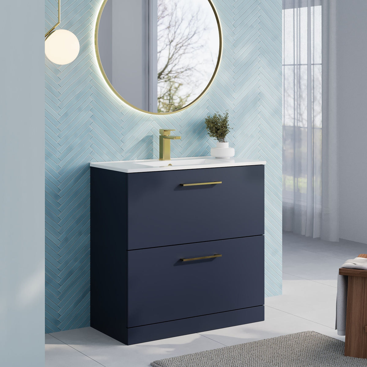 Modern Splash 800mm Midnight Blue 2 Drawer Floor Standing Vanity Unit With Minimalist Basin
