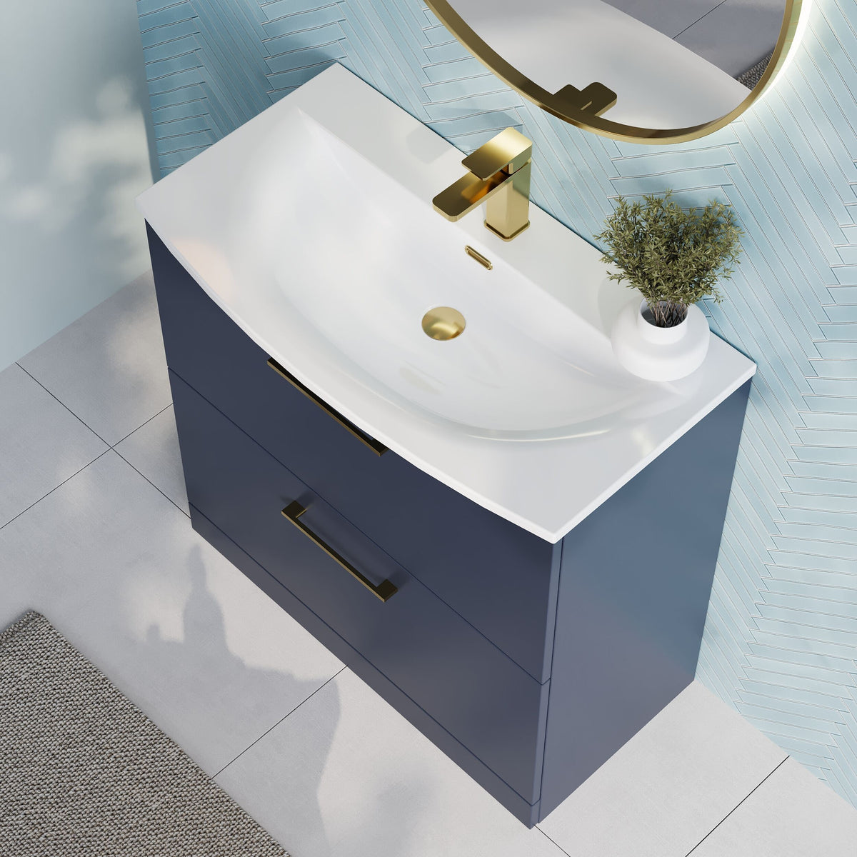 Modern Splash 800mm Midnight Blue 2 Drawer Floor Standing Vanity Unit With Curved Basin