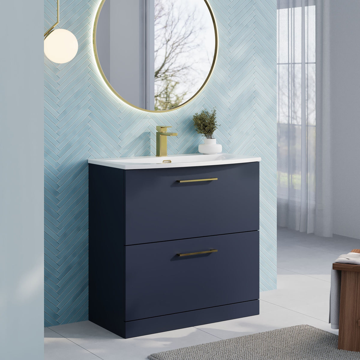 Modern Splash 800mm Midnight Blue 2 Drawer Floor Standing Vanity Unit With Curved Basin