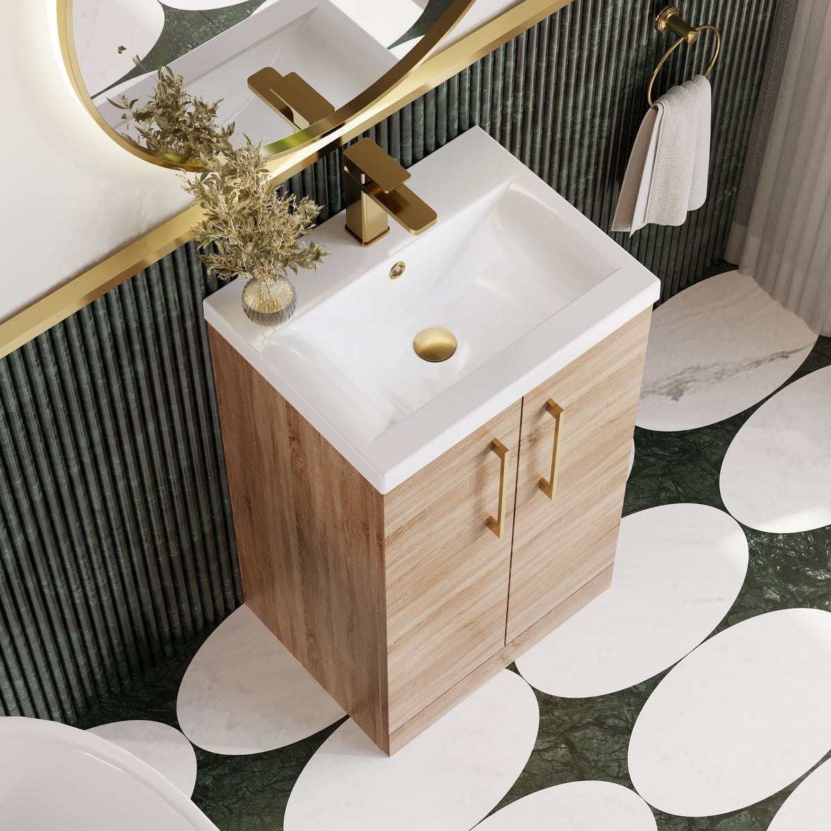 Modern Splash 500mm Bleached Oak 2 Door Floor Standing Vanity Unit With Mid-Edge Basin