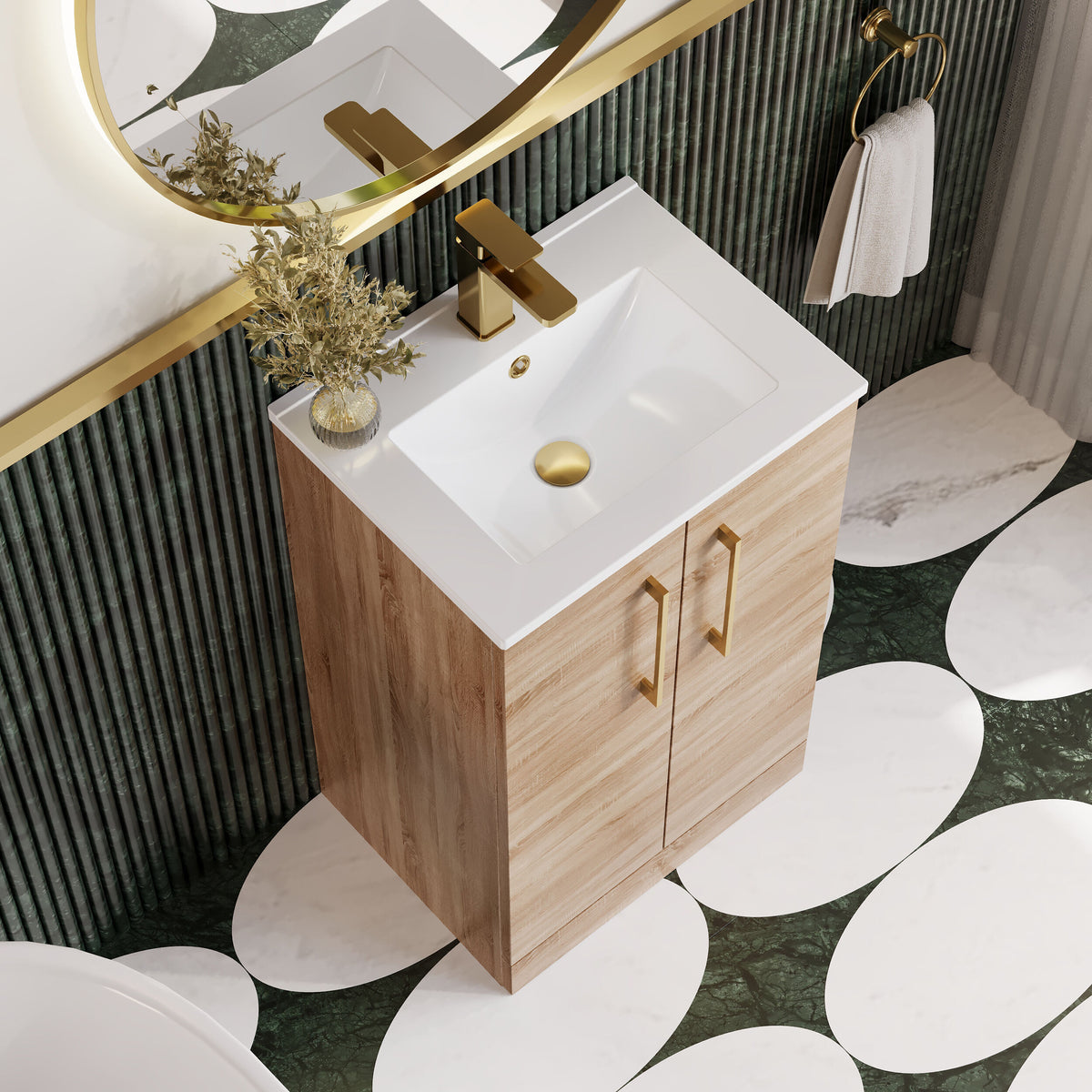 Modern Splash 500mm Bleached Oak 2 Door Floor Standing Vanity Unit With Minimalist Basin