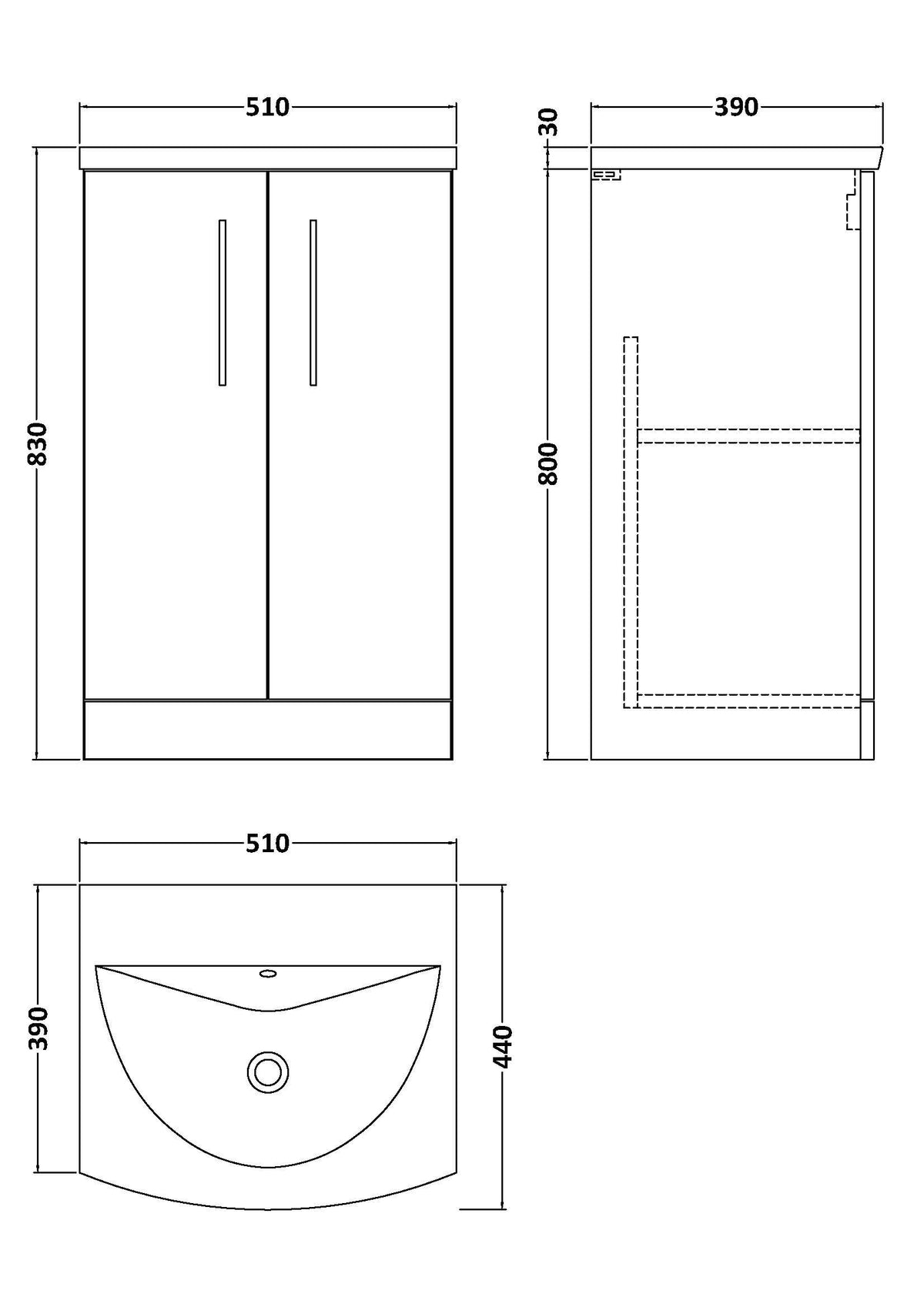 Modern Splash 500mm Bleached Oak 2 Door Floor Standing Vanity Unit With Curved Basin