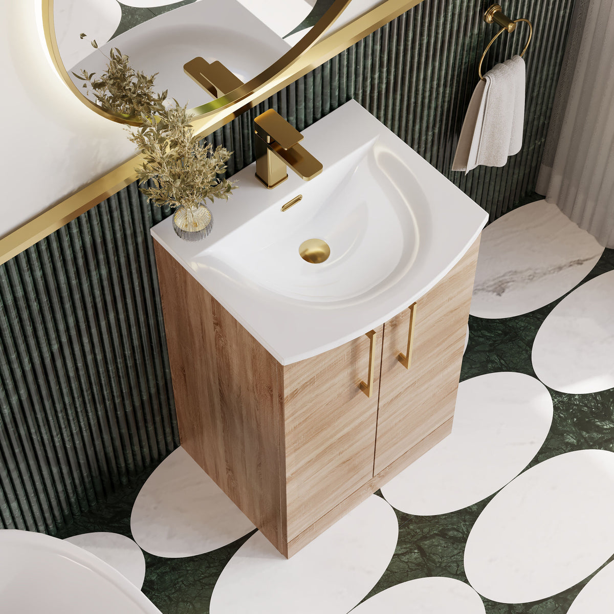 Modern Splash 500mm Bleached Oak 2 Door Floor Standing Vanity Unit With Curved Basin