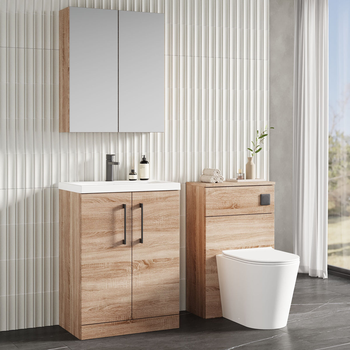 Modern Splash 600mm Bleached Oak 2 Door Floor Standing Vanity Unit With Mid-Edge Basin