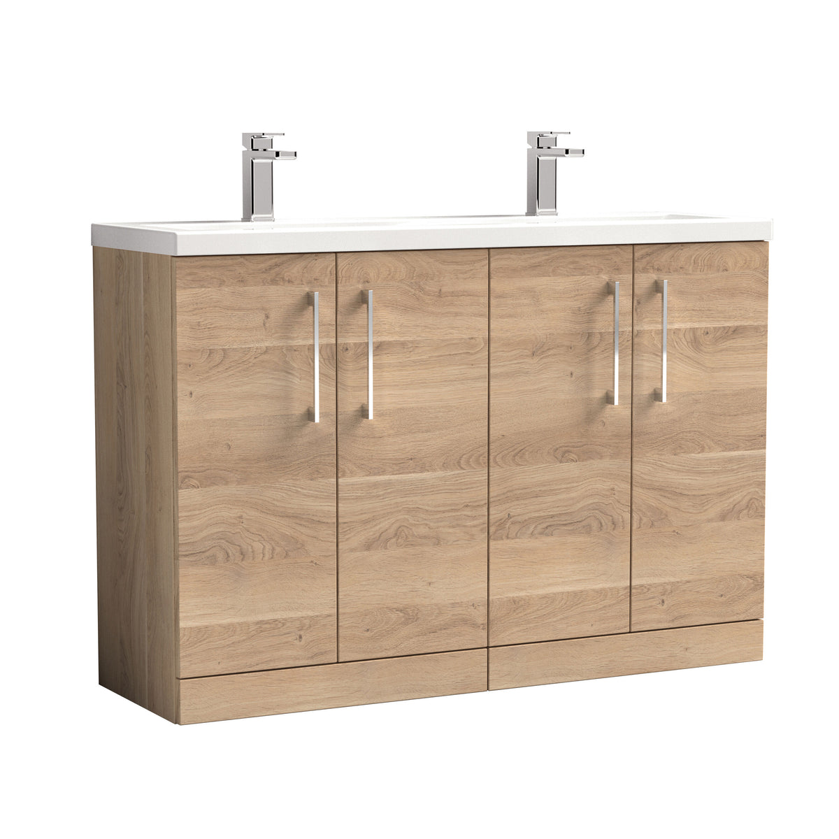 Modern Splash 1200mm Bleached Oak 4 Door Floor Standing Vanity Unit With 2 Tap Hole Ceramic Basin