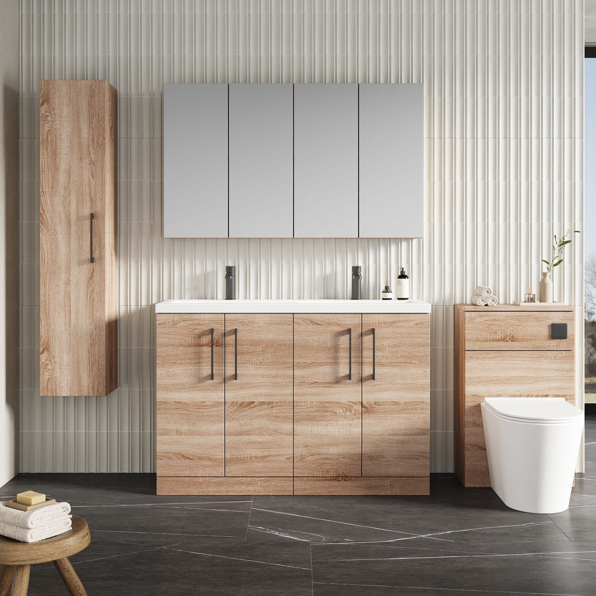 Modern Splash 1200mm Bleached Oak 4 Door Floor Standing Vanity Unit With 2 Tap Hole Ceramic Basin
