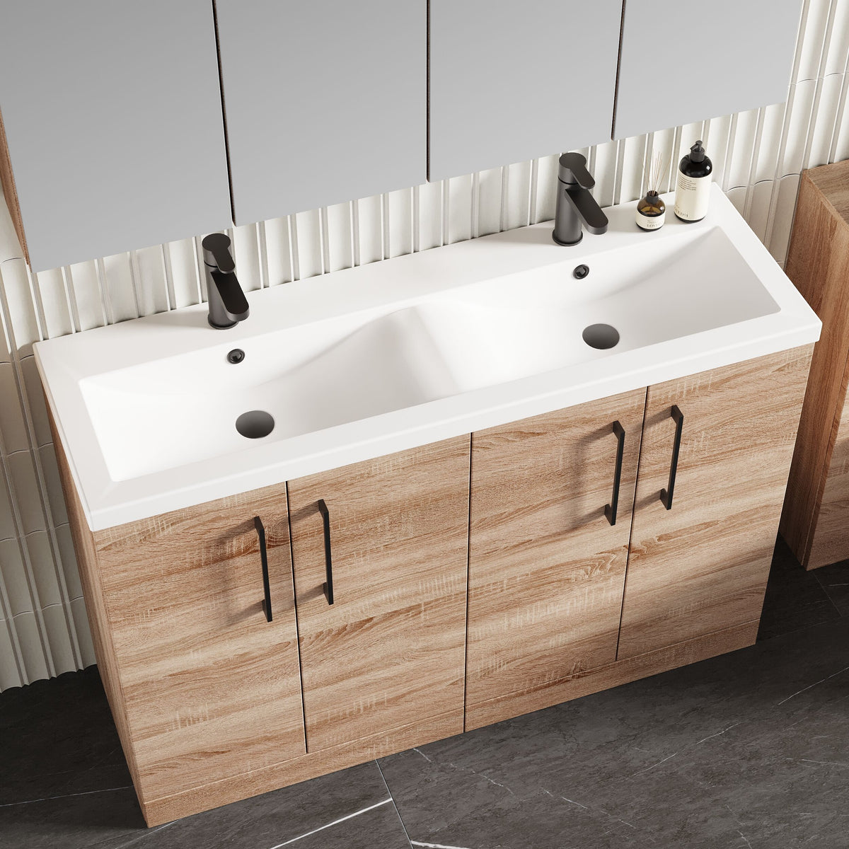 Modern Splash 1200mm Bleached Oak 4 Door Floor Standing Vanity Unit With 2 Tap Hole Ceramic Basin