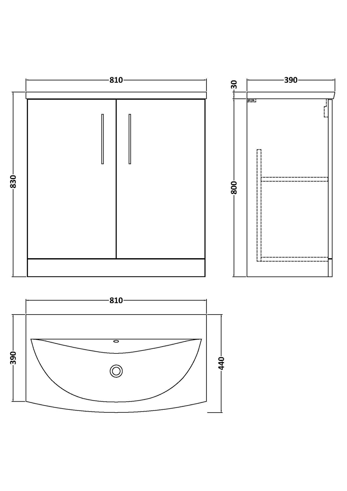 Modern Splash 800mm Bleached Oak 2 Door Floor Standing Vanity Unit With Curved Basin