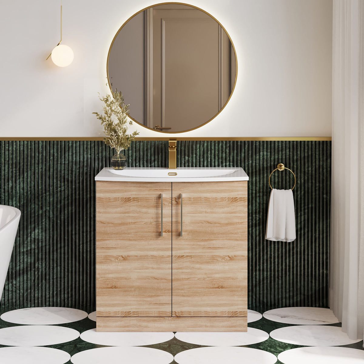 Modern Splash 800mm Bleached Oak 2 Door Floor Standing Vanity Unit With Curved Basin