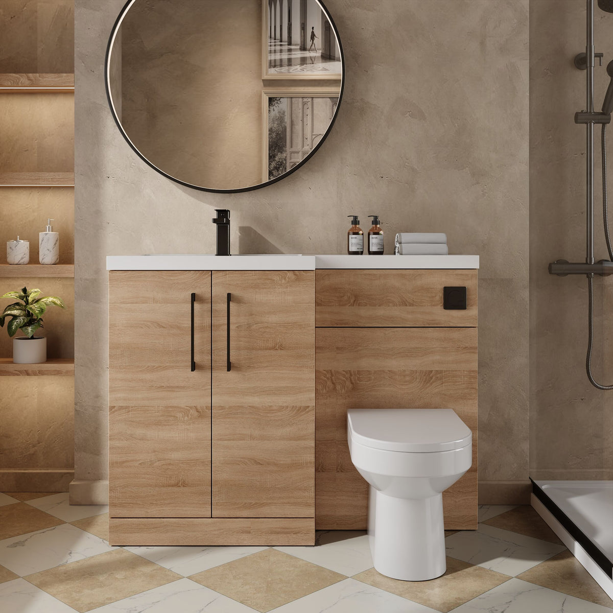 Modern Splash 1100mm Bleached Oak 2 Door Floor Standing Left-Hand Combination Unit With Polymarble Basin
