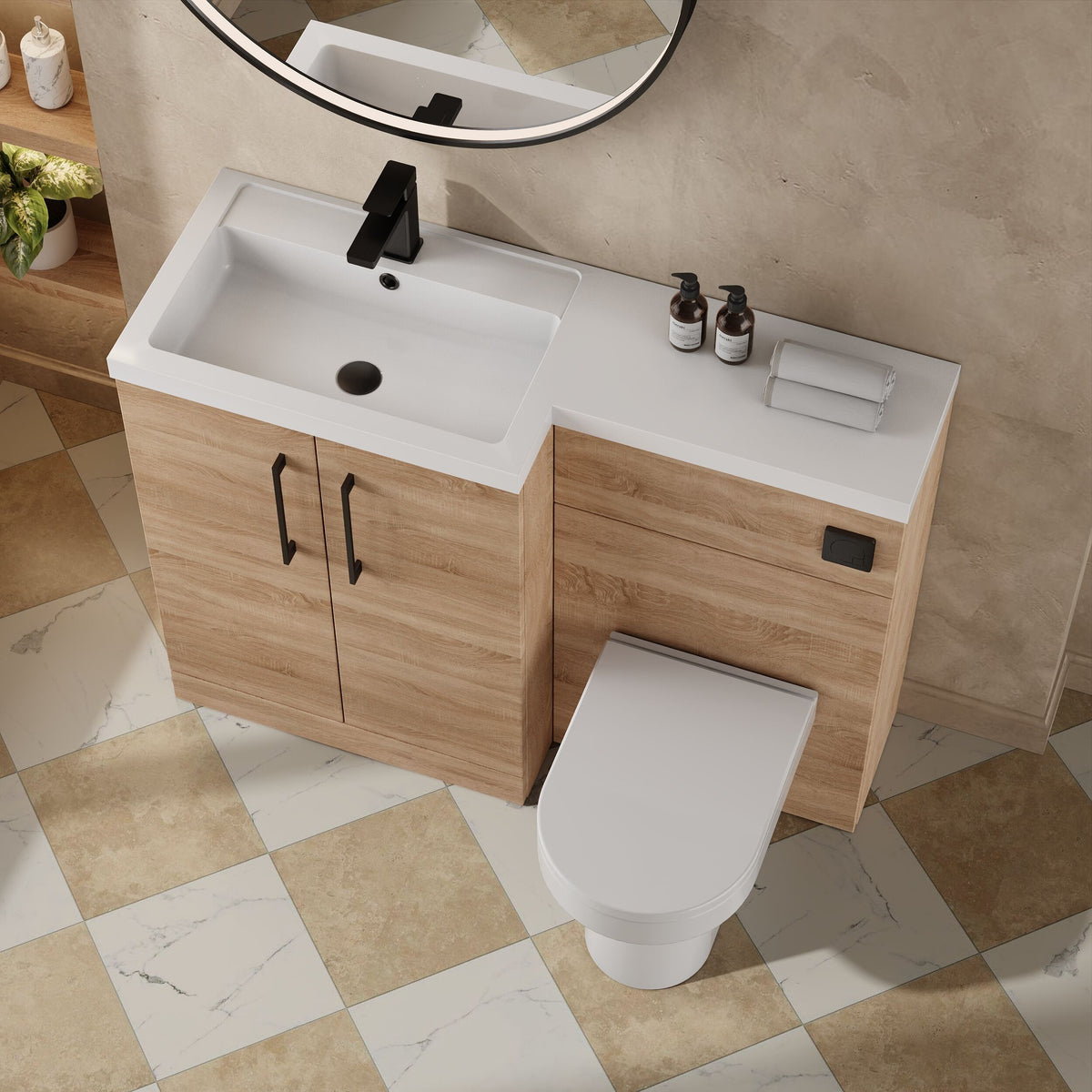 Modern Splash 1100mm Bleached Oak 2 Door Floor Standing Left-Hand Combination Unit With Polymarble Basin