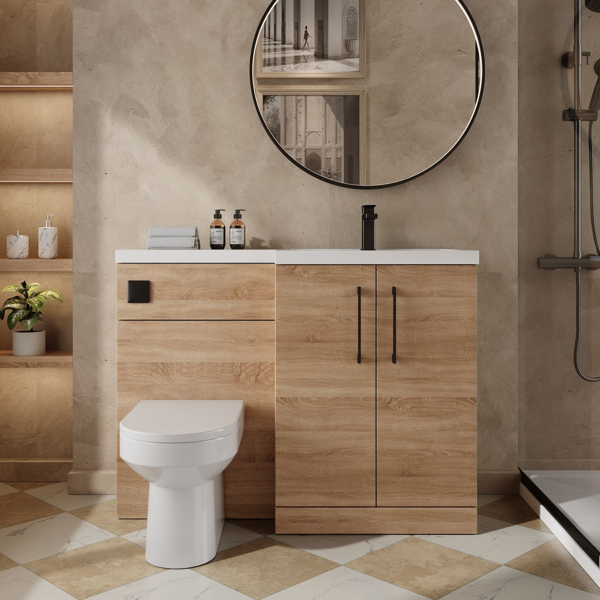 Modern Splash 1100mm Bleached Oak 2 Door Floor Standing Right-Hand Combination Unit With Polymarble Basin