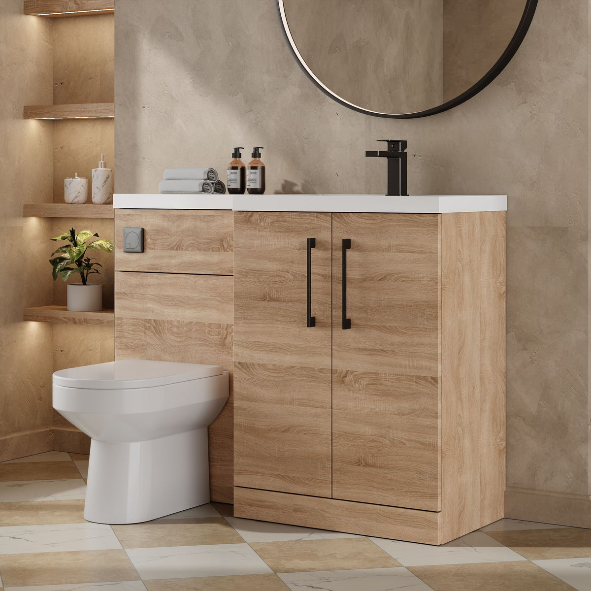 Modern Splash 1100mm Bleached Oak 2 Door Floor Standing Right-Hand Combination Unit With Polymarble Basin