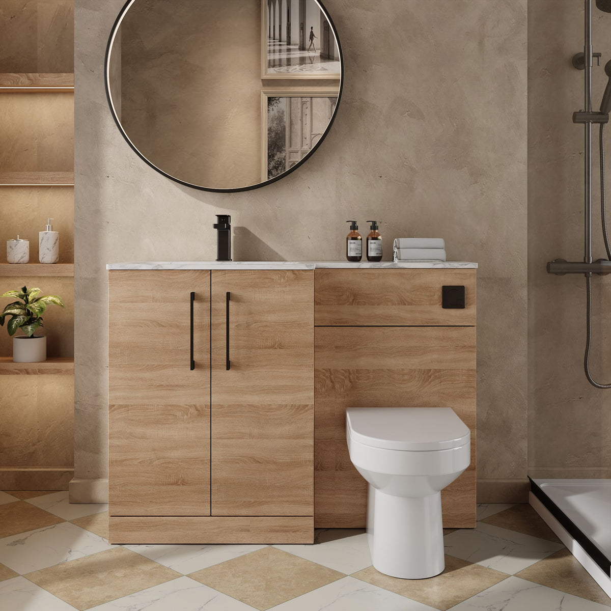 Modern Splash 1100mm Bleached Oak 2 Door Floor Standing Left-Hand Combination Unit With Stone Basin