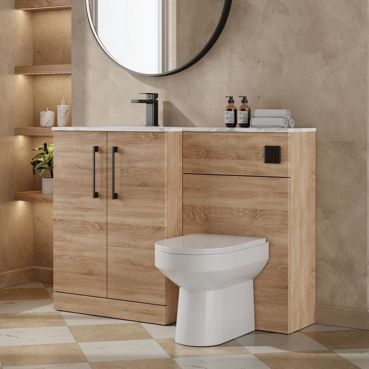 Modern Splash 1100mm Bleached Oak 2 Door Floor Standing Left-Hand Combination Unit With Stone Basin
