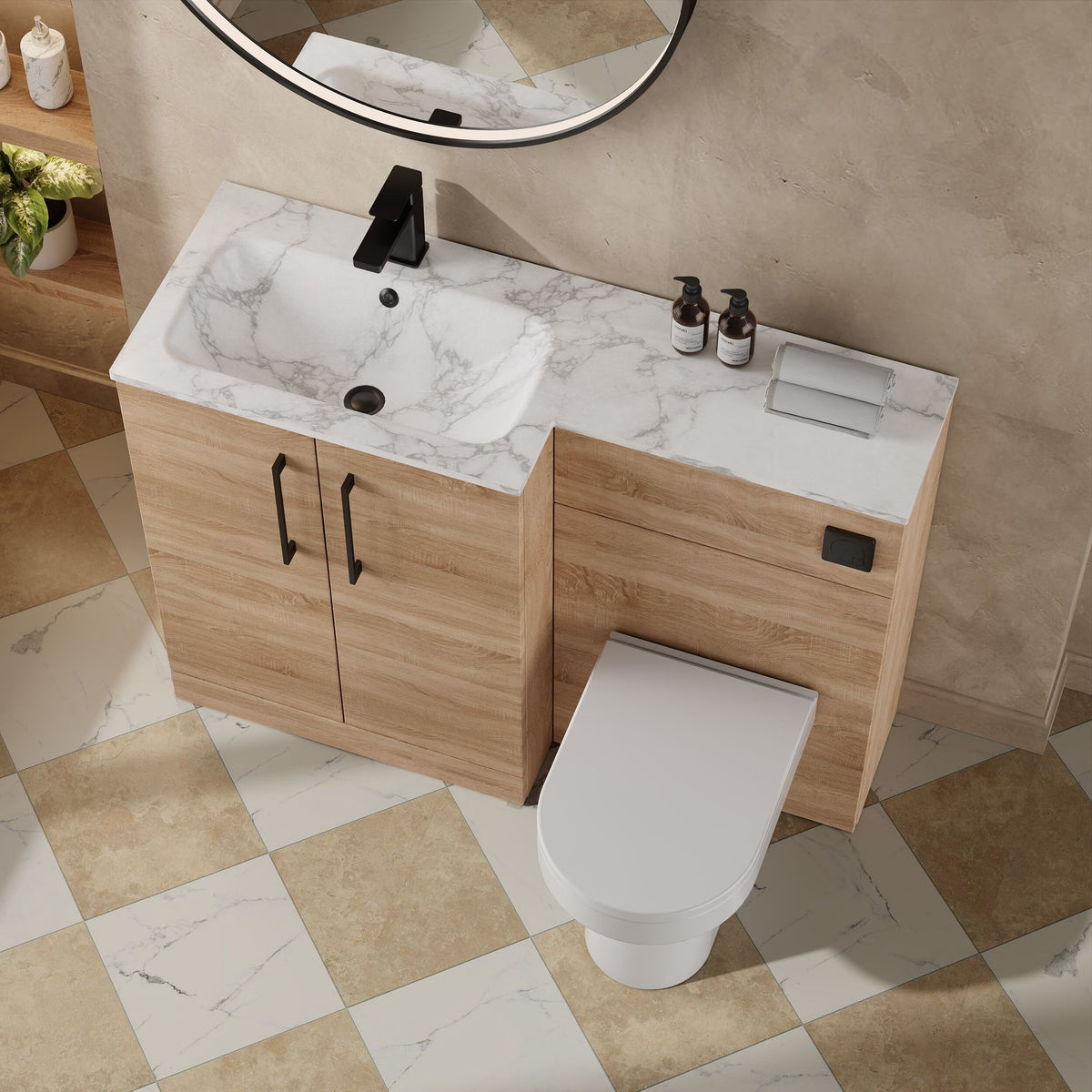Modern Splash 1100mm Bleached Oak 2 Door Floor Standing Left-Hand Combination Unit With Stone Basin