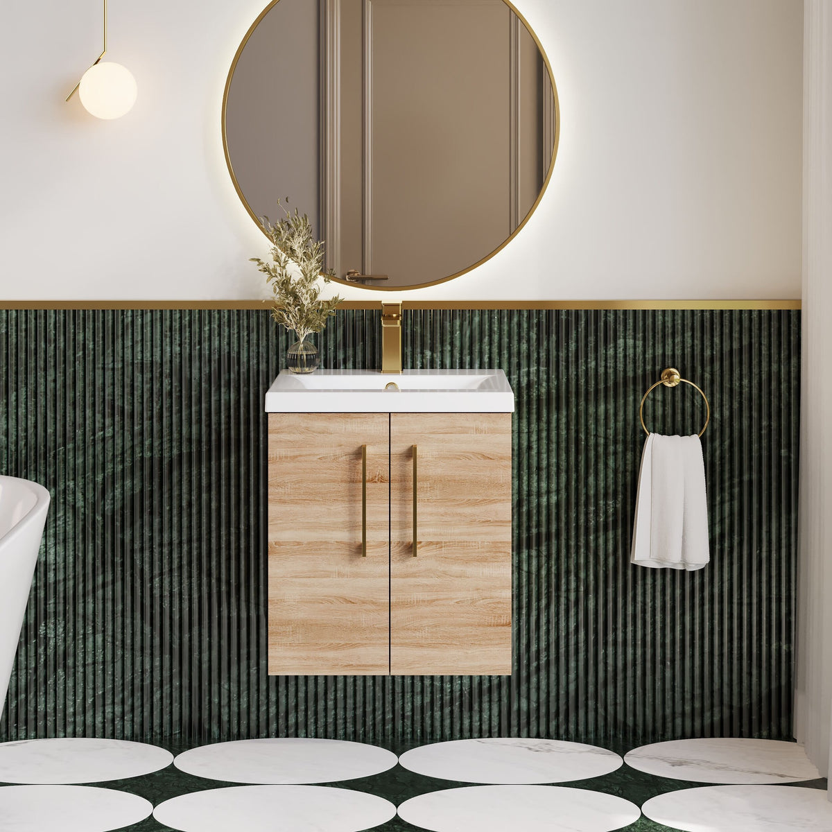 Modern Splash 500mm Bleached Oak 2 Door Wall Hung Vanity Unit With Mid-Edge Basin