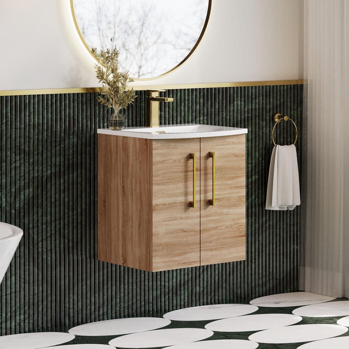 Modern Splash 500mm Bleached Oak 2 Door Wall Hung Vanity Unit With Curved Basin