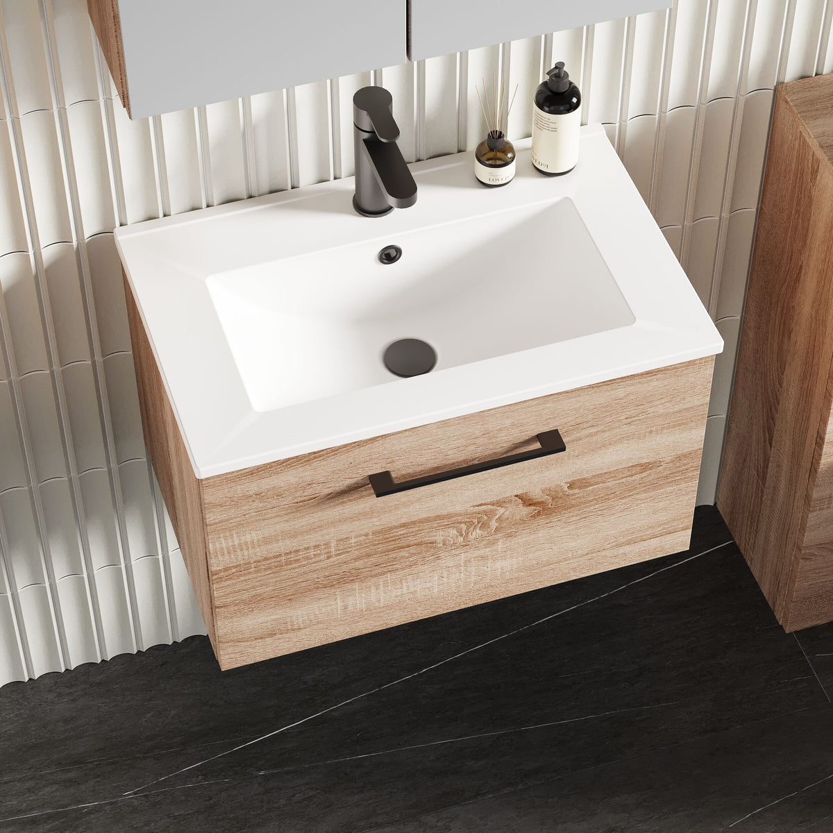 Modern Splash 600mm 1 Drawer Bleached Oak Wall Hung Vanity Unit With Minimalist Basin