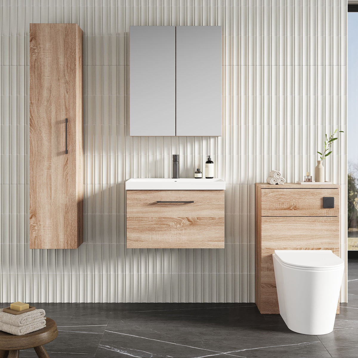 Modern Splash 600mm 1 Drawer Bleached Oak Wall Hung Vanity Unit With Thin Edge Basin