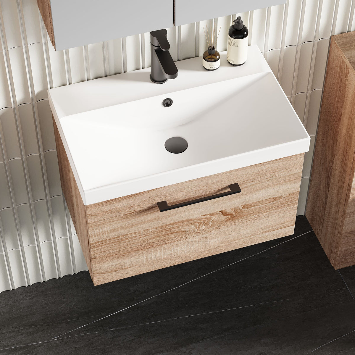 Modern Splash 600mm 1 Drawer Bleached Oak Wall Hung Vanity Unit With Thin Edge Basin